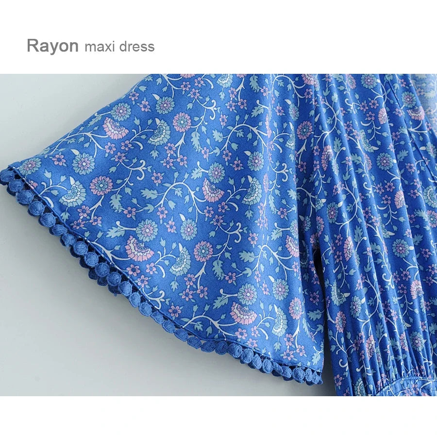 Maxi Dresses for women Cotton Rayon blue Floral print sexy deep v-ncek boho summer dresses loose Hippie long dress Vestidos
