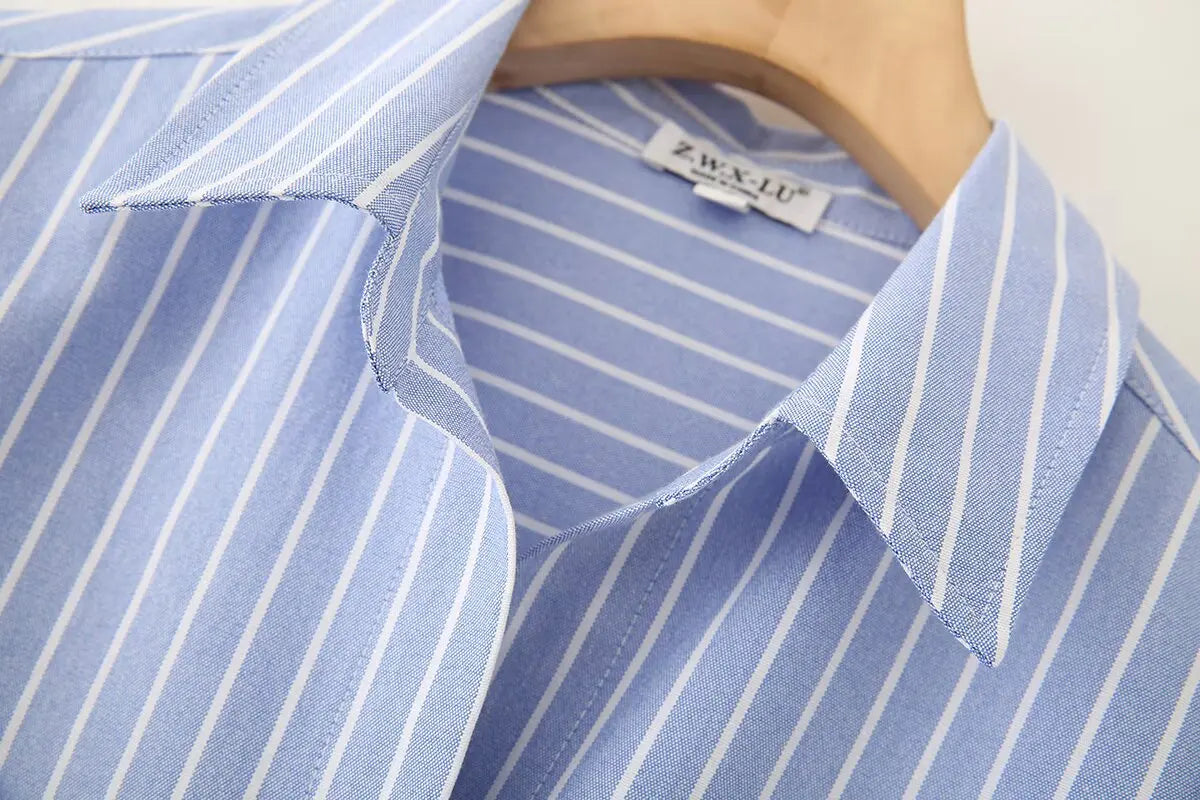Blue Stripe Button-Down Shirt Women Oversized Fit Long Sleeve Spring Summer Elegant Office Casual Daily Wear Lightweight Top