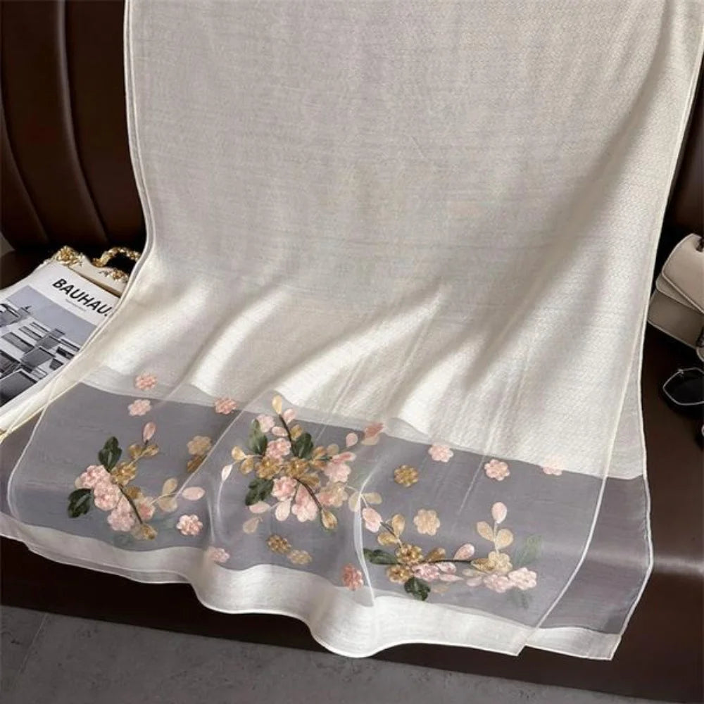 Elegant floral embroidered silk scarf for women, stylish sunscreen beach shawl with beaded trim, bohemian windproof must-have