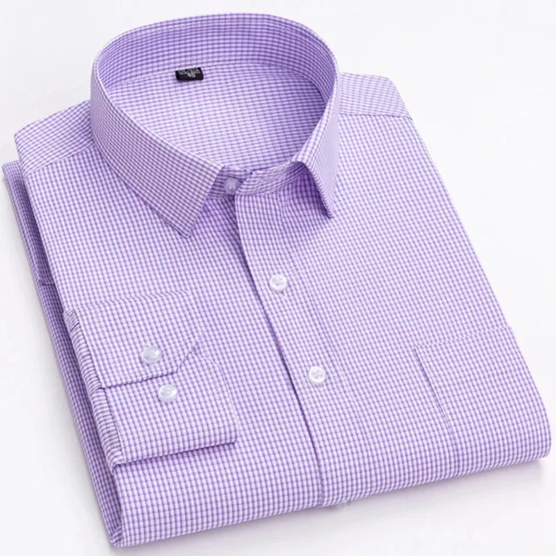 Men's Printed Plaid & Stripe Long Sleeve Casual Shirt — Single Pocket Business Formal Four Seasons