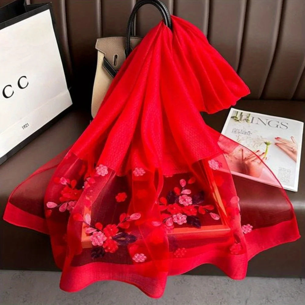 Elegant floral embroidered silk scarf for women, stylish sunscreen beach shawl with beaded trim, bohemian windproof must-have