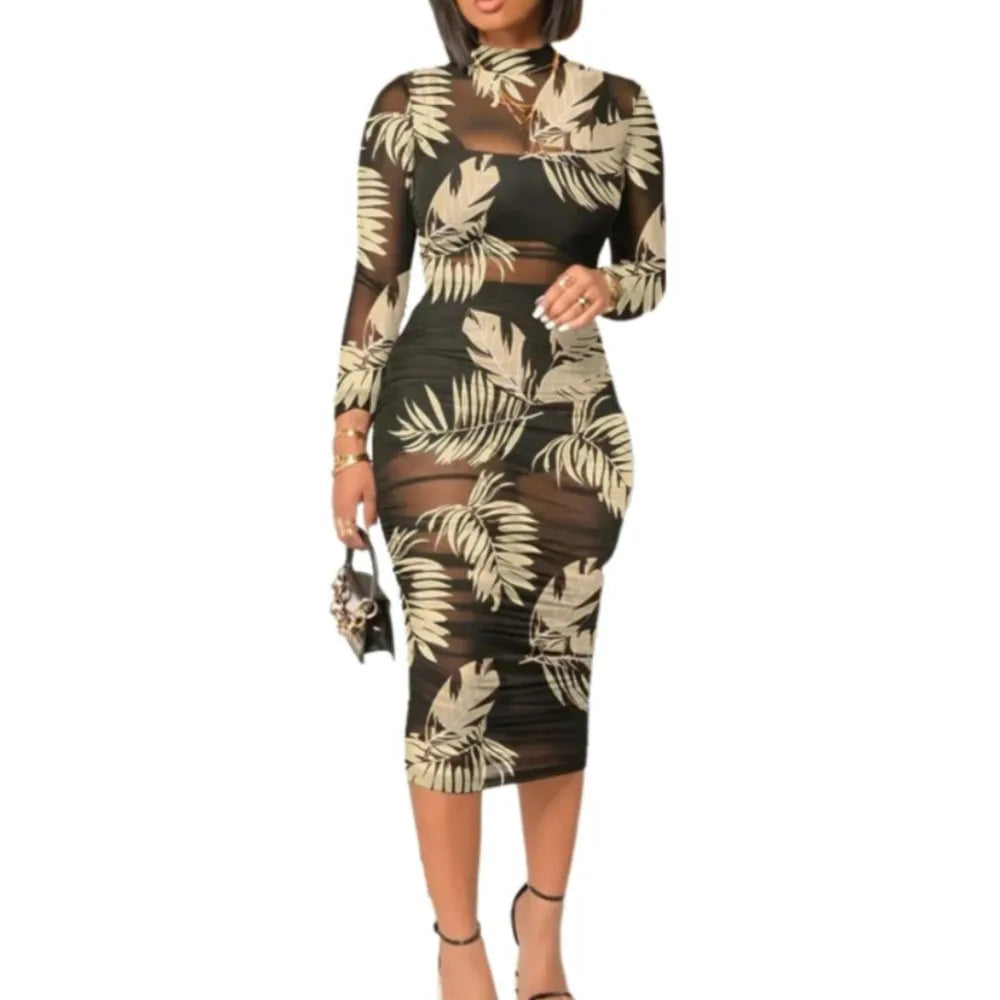 Fashion Flowers Printed Women's Sexy Mesh Gauze Mid Length Dress Three Piece Summer New Female Party Nightclub Mini Dresses 2023