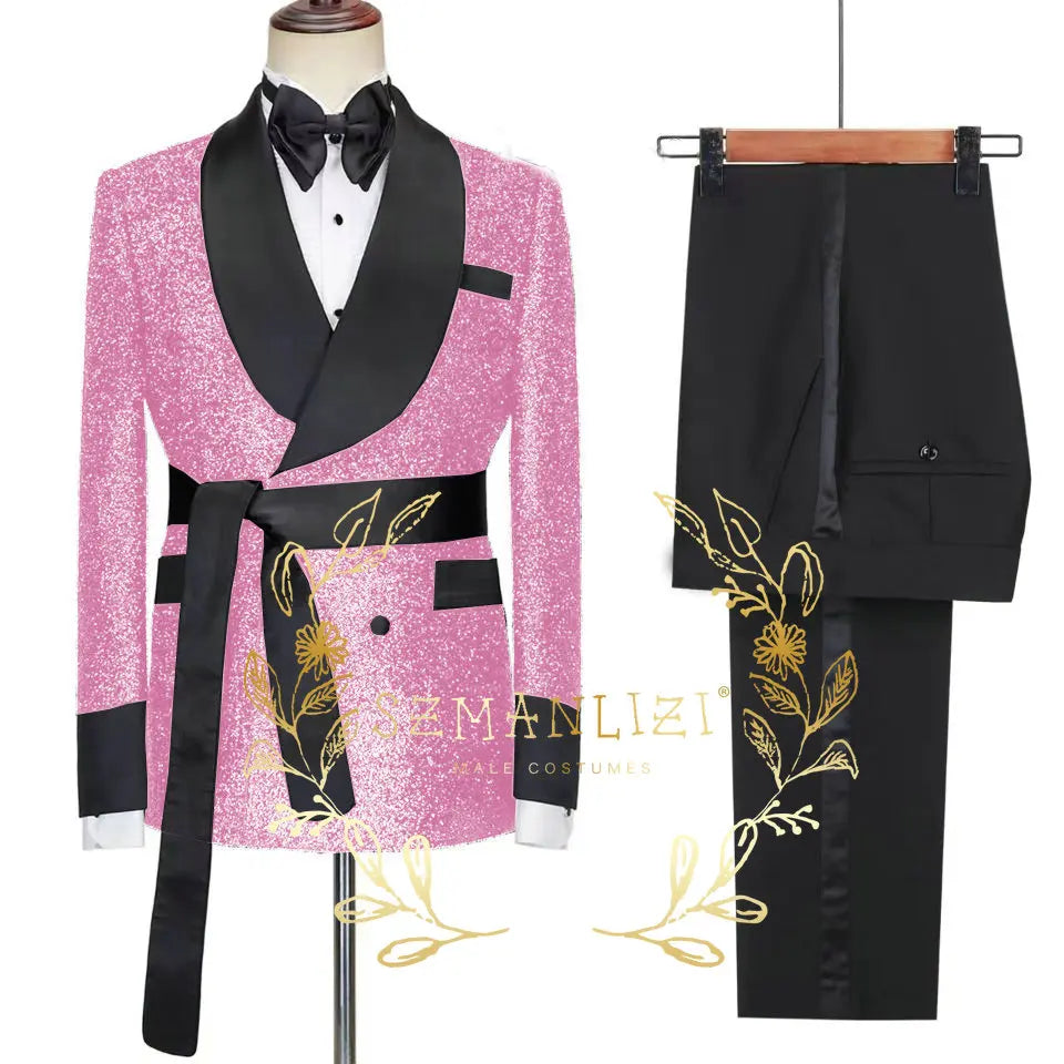 2026 Tailor-Made Shiny Black Groom Tuxedo Double Breasted Men Suit Prom Wedding Party Mens Suits Costume ( jacket+Pants+Belt)