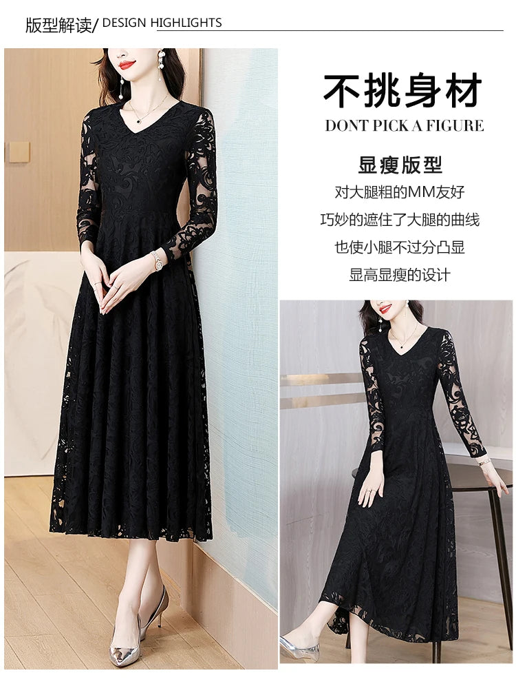 Women Vintage V-neck Lace Hollow Out Sexy Dress 2025 Elegant Bodycon Party Vestidos Spring Autumn Black Long Sleeve Midi Dresses