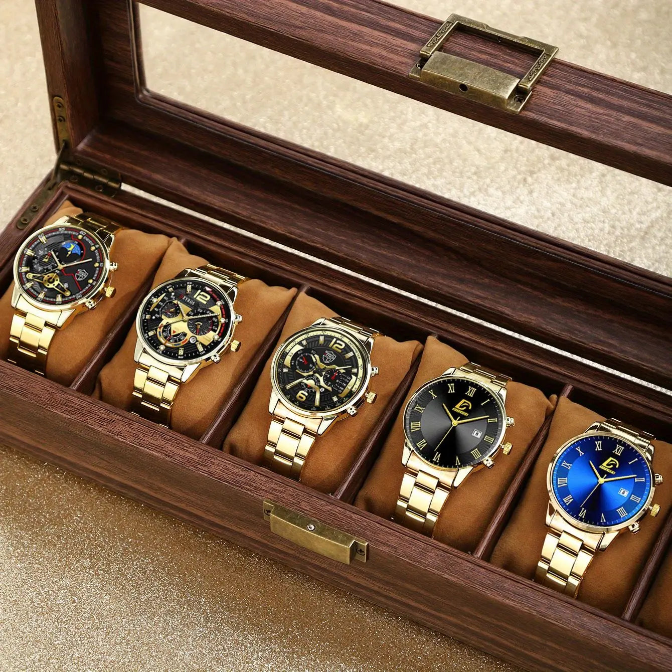 5PCS Fashion Mens Gold Stainless Steel Watches set Luxury  Quartz Wrist Watch Men Business Casual Watch relogio masculino