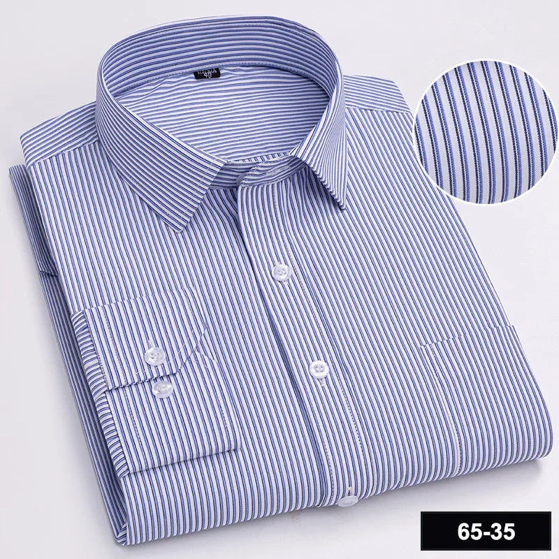 Men's Printed Plaid & Stripe Long Sleeve Casual Shirt — Single Pocket Business Formal Four Seasons