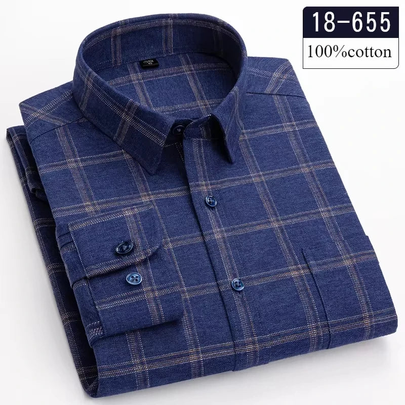 Men's 100% Cotton Brushed Slim Fit Long Sleeve Shirt — Plaid & Striped Casual Autumn