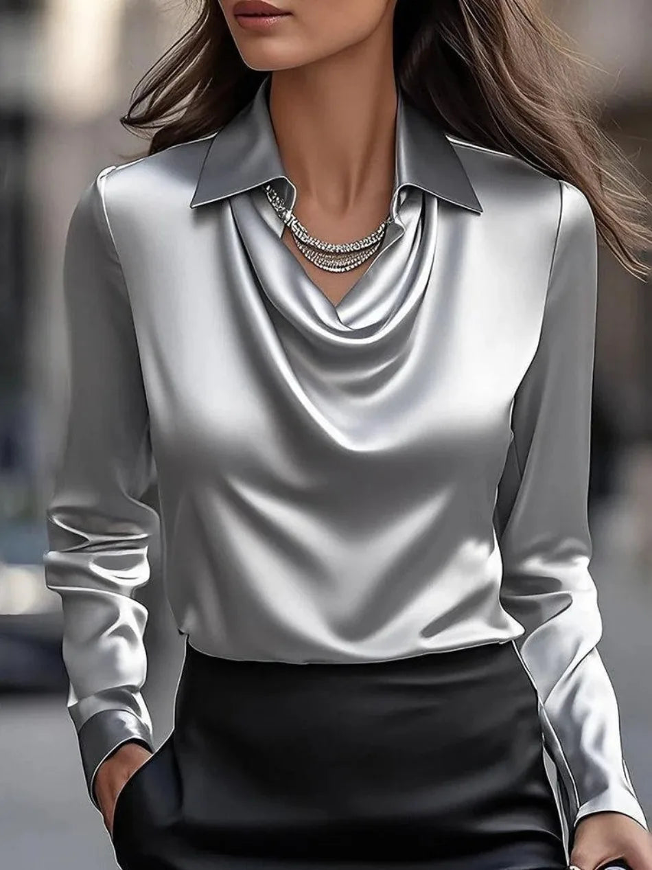 Women's Shirt Spring Autumn New in Style Lapel Swing Collar Long Sleeve Shirt Solid Color Smooth Satin Loose Fit Shirt Tops