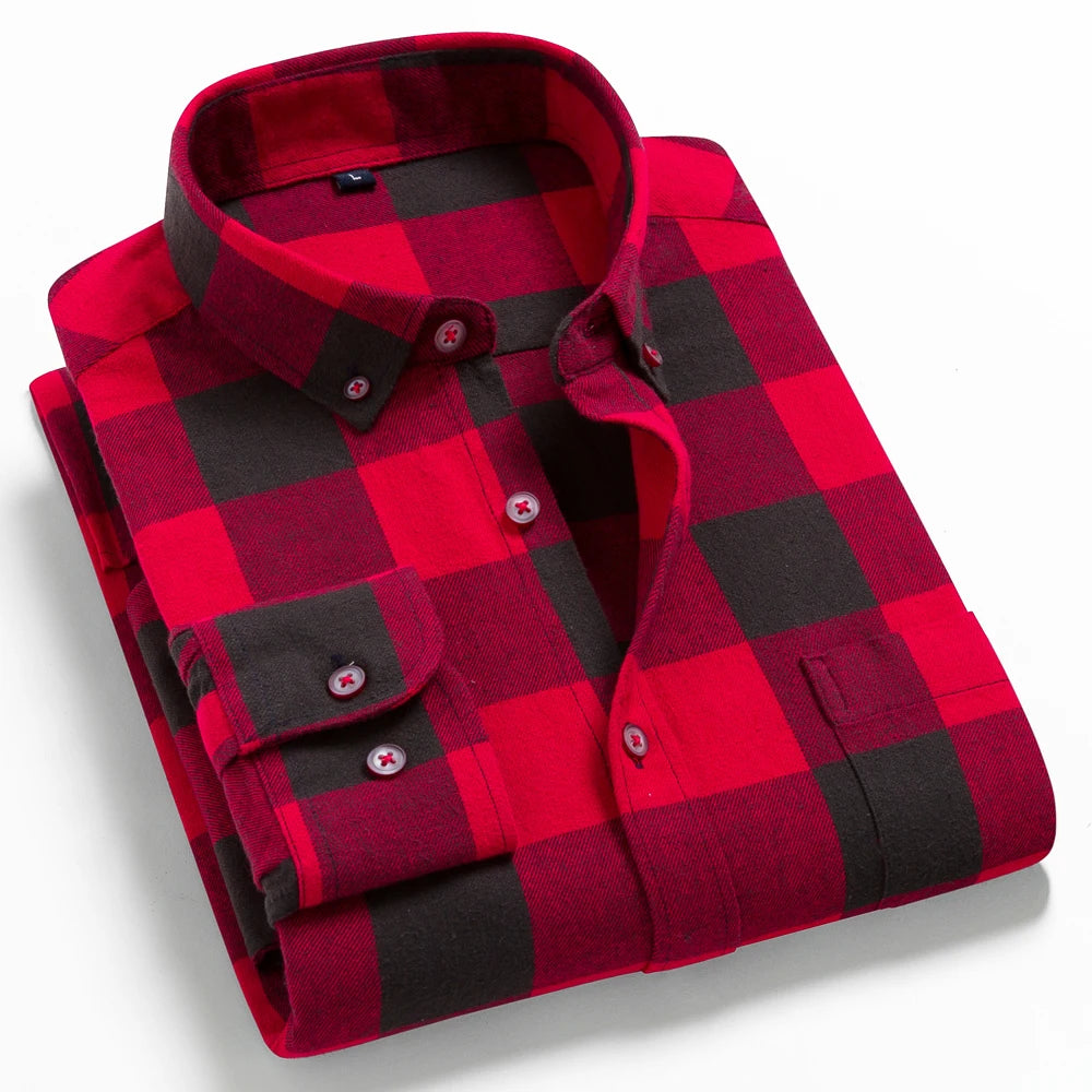 Men's Button Down Collar Contrast Plaid Pure Cotton Flannel Shirt with Left Chest Pocket Slim Fit Comfort Casual Brushed Shirts