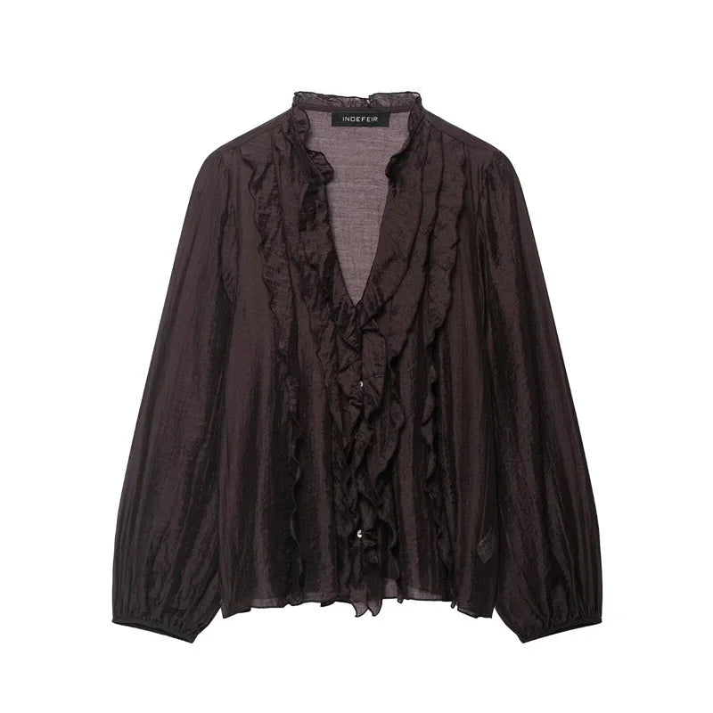 Women Shirt 2025 New Fashion Autumn Long Sleeve Layered Decorative Blouse for Women Casual Chic V-neck Ladies Top