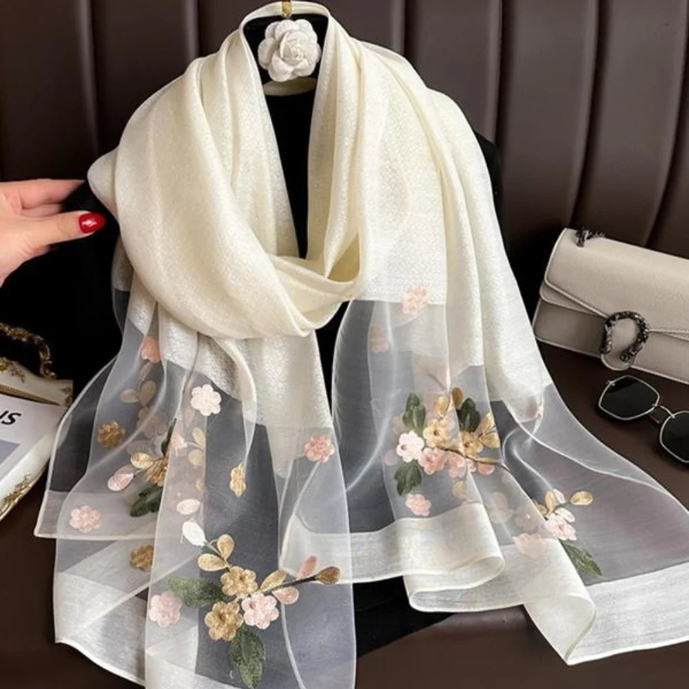 Elegant floral embroidered silk scarf for women, stylish sunscreen beach shawl with beaded trim, bohemian windproof must-have