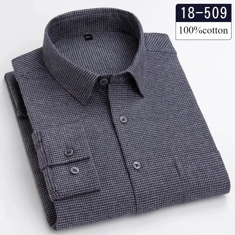 Men's 100% Cotton Brushed Slim Fit Long Sleeve Shirt — Plaid & Striped Casual Autumn