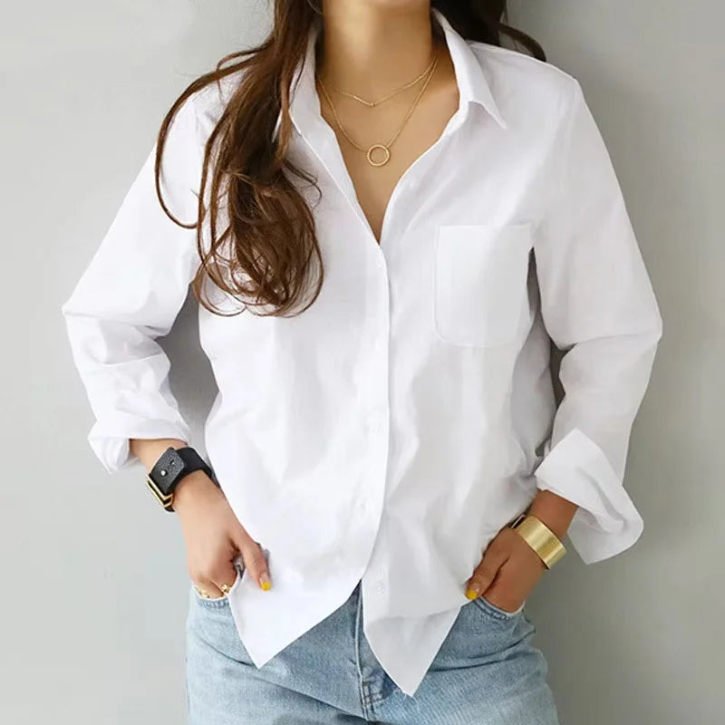 Women Office Lady Elegant Shirts Fashion Long Sleeve Casual White Blouses Turn-down Collar Ol Style Loose Top