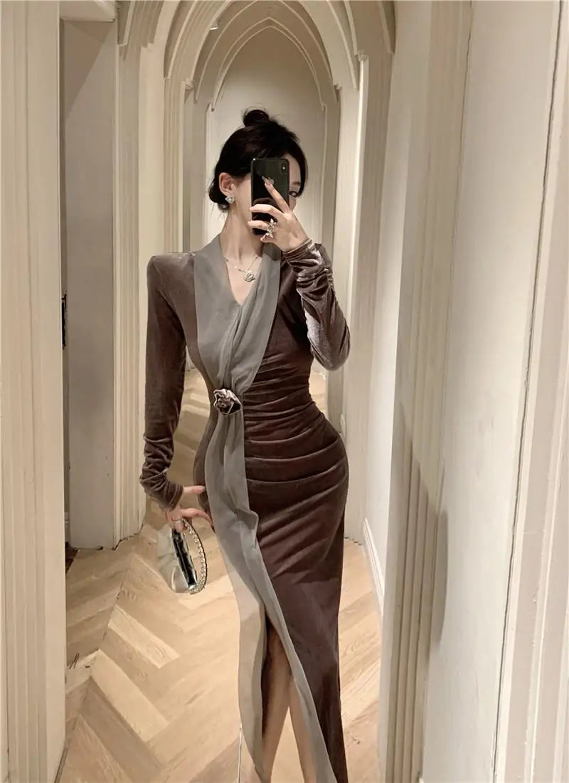 Women Vintage Velvet 3D Flower Ruched Sexy Split Elegant Party Dresses Y2K Winter V Neck Long Sleeve Bodycon Midi Dress Vestidos