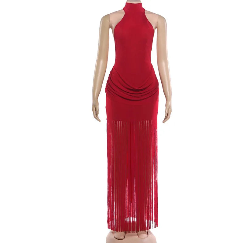 2026 Summer New Sexy Women's Dresses Halter Neck Backless Club Dress with Tassel Trim Fringe Detail Bodycon Party Mini Dress