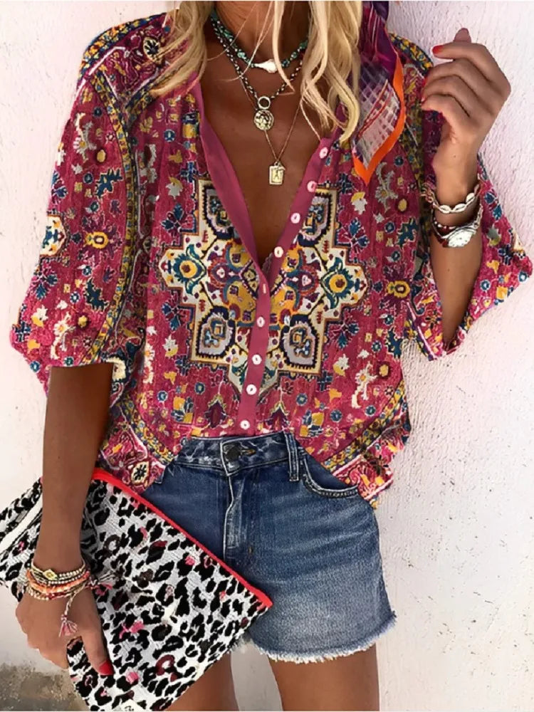 2024 New Women's Shirts & Blouses Fashion Vintage Printed Casual Vacation Bohemian Style Lady Single-breasted Shirt Streetwear