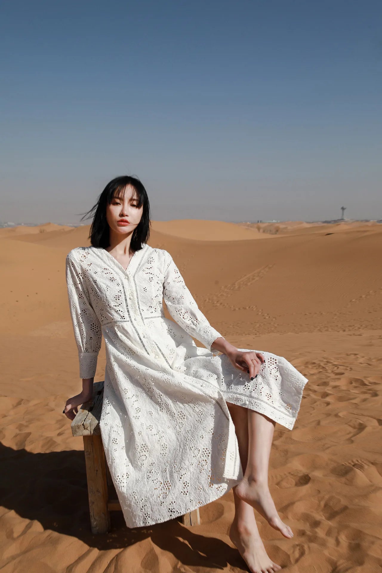 Long Sleeve Lace Dress For Women Robe Vintage V-neck Hollow Out Boho Floral Embroidery Elegant Dresses Ladies Party Vestidos