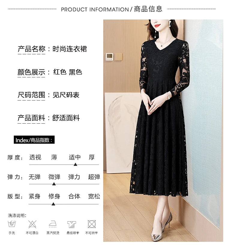 Women Vintage V-neck Lace Hollow Out Sexy Dress 2025 Elegant Bodycon Party Vestidos Spring Autumn Black Long Sleeve Midi Dresses
