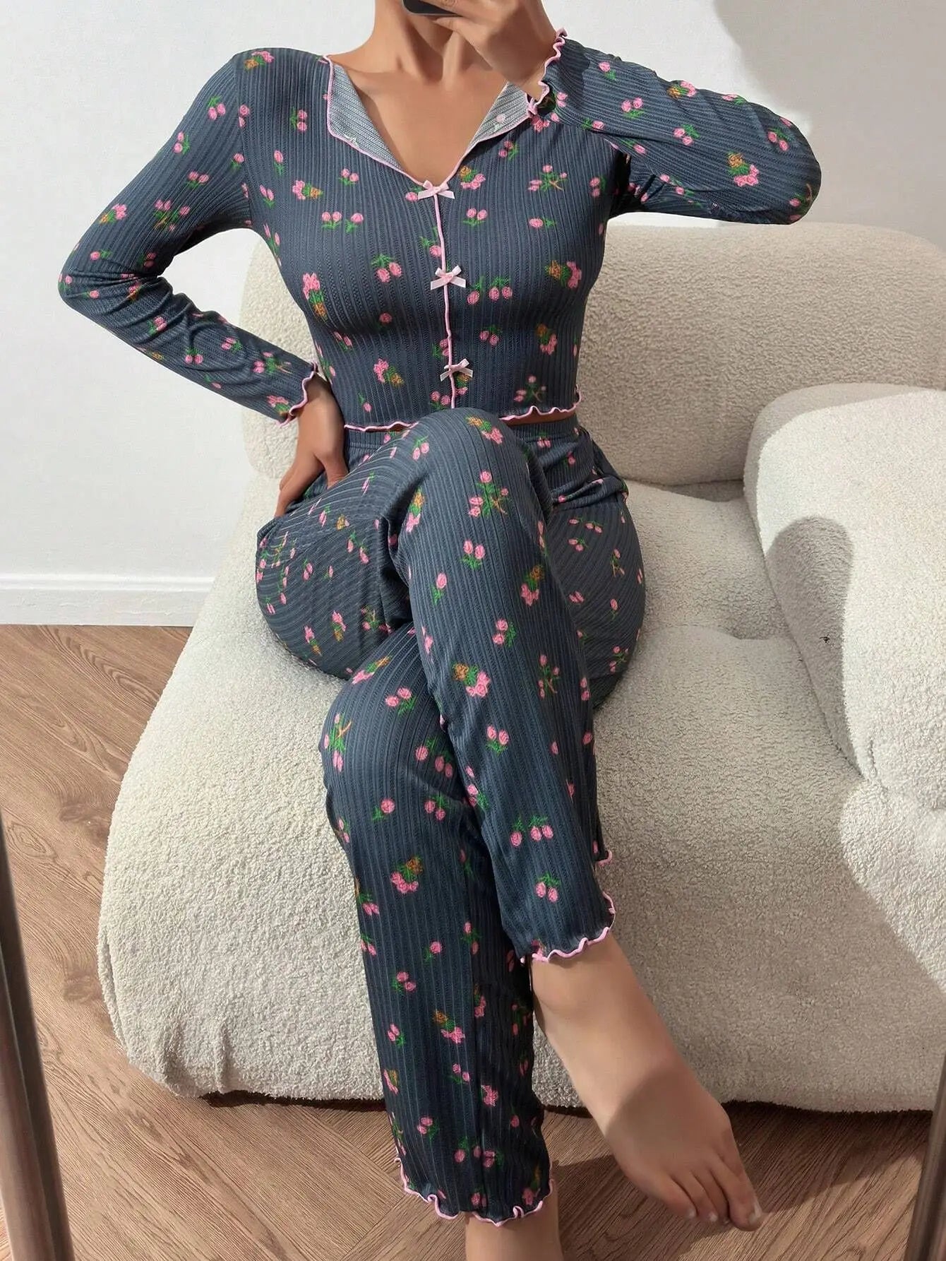 European and American hot-selling loungewear printed trousers long sleeves can be worn outside women's pajamas two-piece set