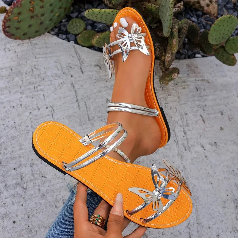 Women's Sandals Summer Comfortable Casual Shoes Flat Slippers Women's Shoes Beach Butterfly Gold Footwear