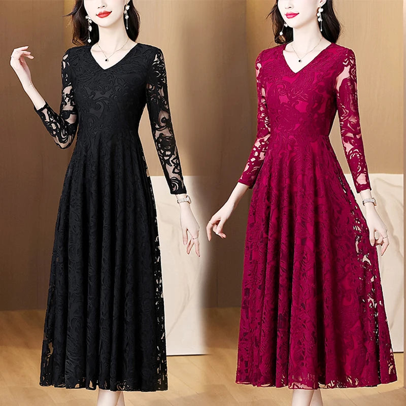 Women Vintage V-neck Lace Hollow Out Sexy Dress 2025 Elegant Bodycon Party Vestidos Spring Autumn Black Long Sleeve Midi Dresses