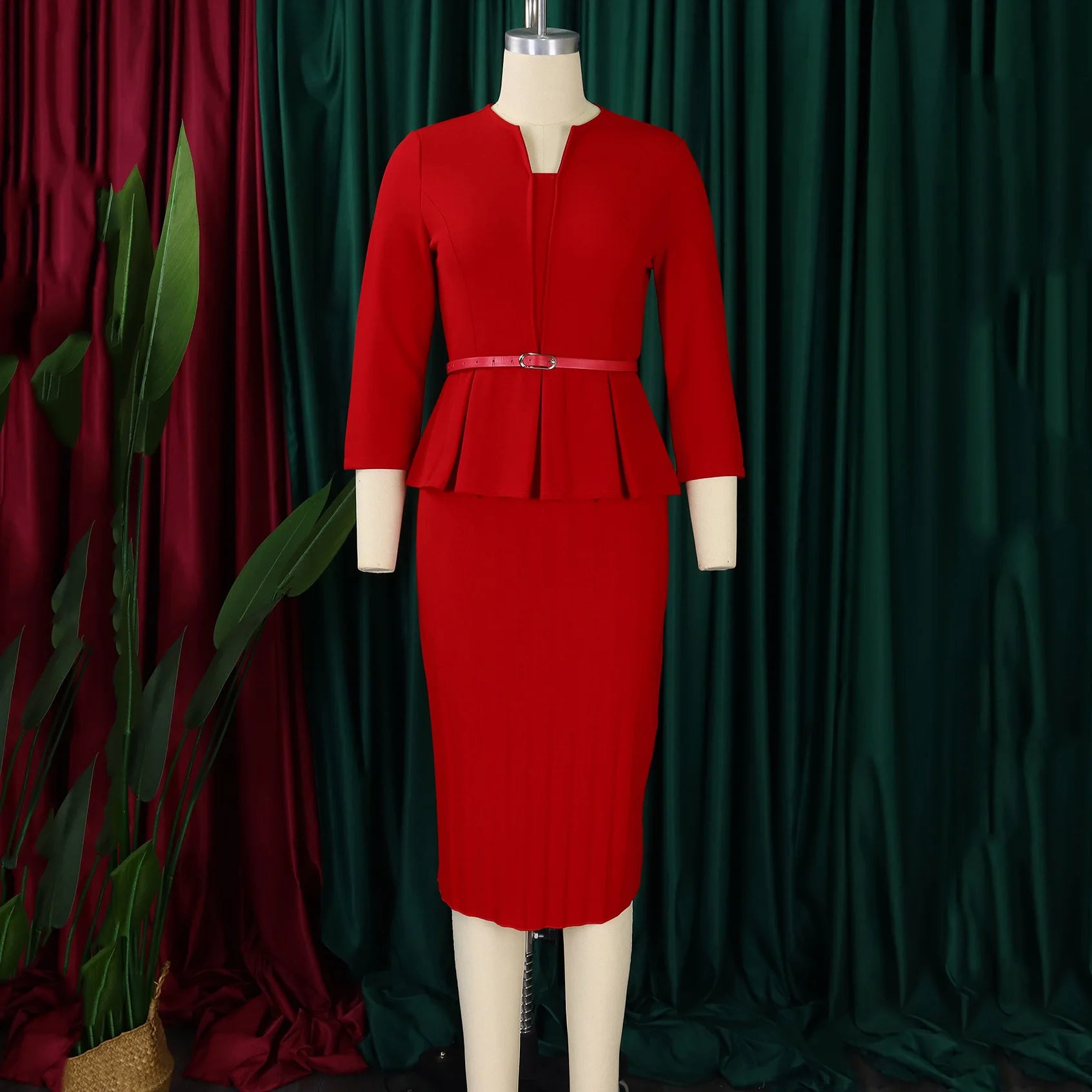 Elegant Office Dress for Women Professional 2024 New V Neck Three Quarter Sleeve Belt Waisted Mid Calf Formal Business Work Robe