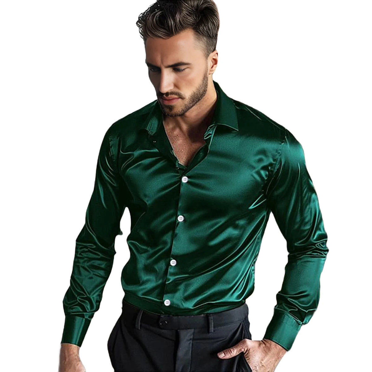 Lynett Lamar Men's Ice Silk Wrinkle-Resistant Non-Iron Long Sleeve Shirt — Slim Fit Glossy Business Casual