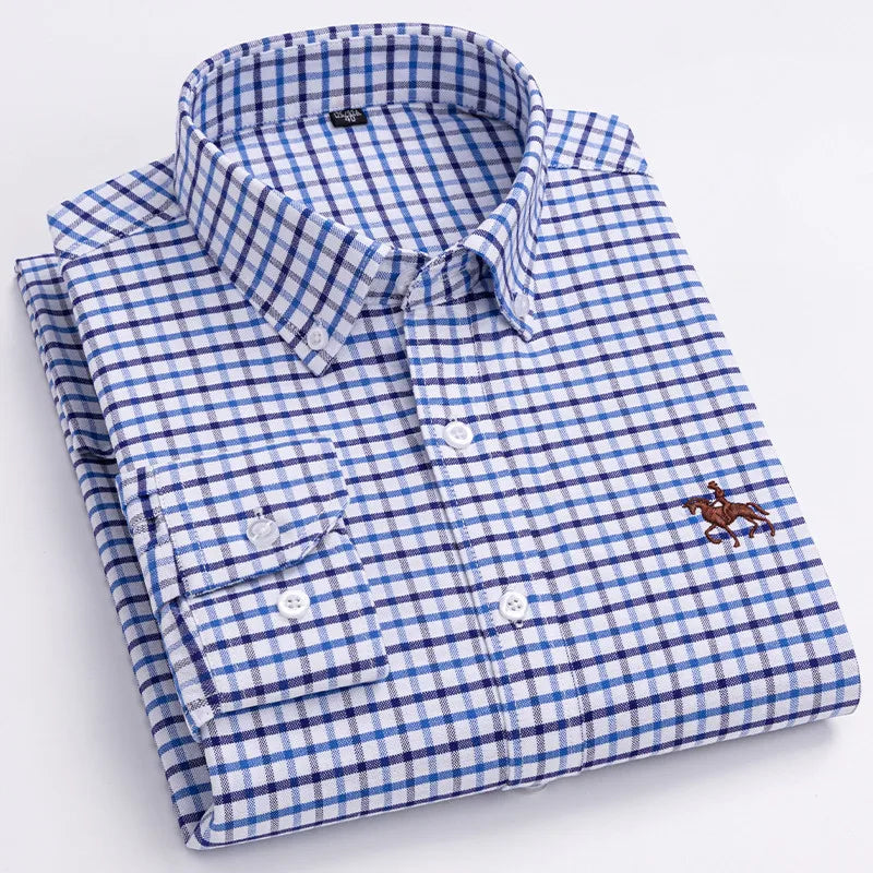 Men's 100% Cotton Oxford Washed Long Sleeve Dress Shirt — Embroidered Business Casual