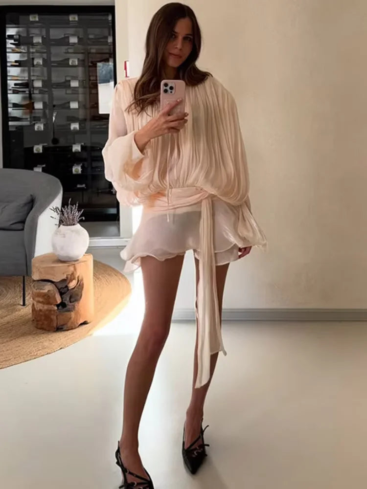 Elegant Shiny Pleated Mini Dress Women Lantern Sleeve Lace Up V Neck Vestidos 2026 Lady Spring New Evening Party Vacation Robes