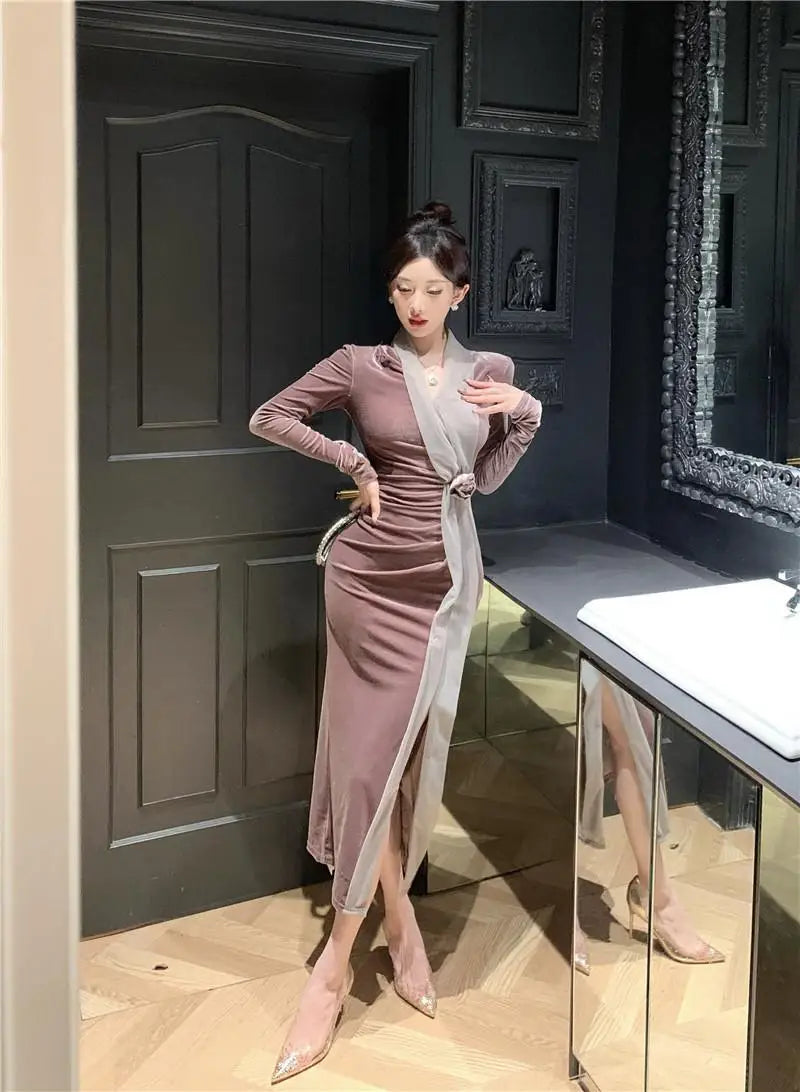 Women Vintage Velvet 3D Flower Ruched Sexy Split Elegant Party Dresses Y2K Winter V Neck Long Sleeve Bodycon Midi Dress Vestidos