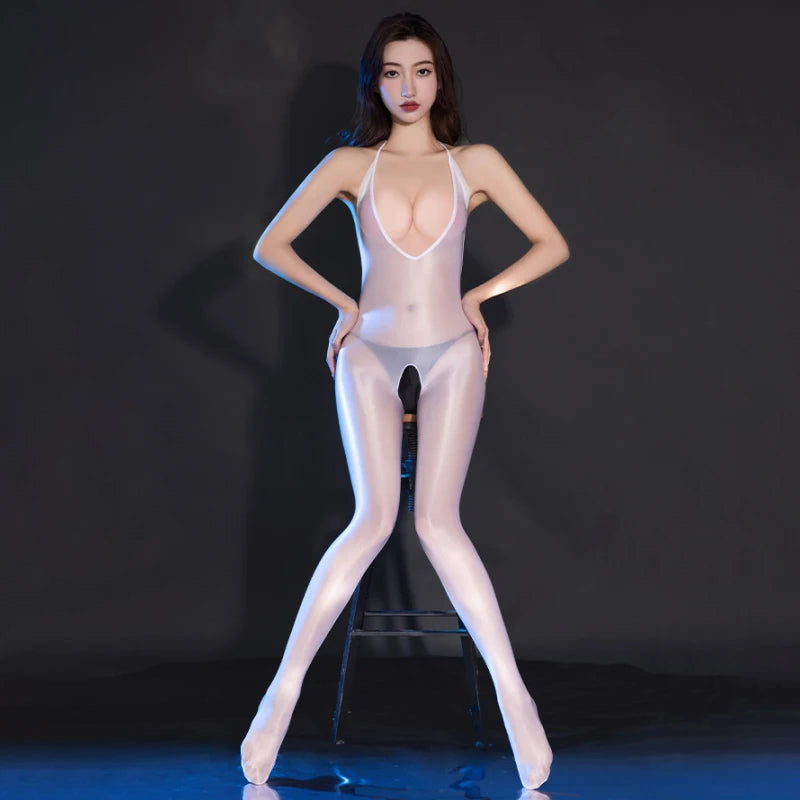 Women Sex Clothes Oil Shiny Halter Backless Full Body Stockings Erotic Open Crotch Bodysuit Jumpsuit Black Cosplay Costumes