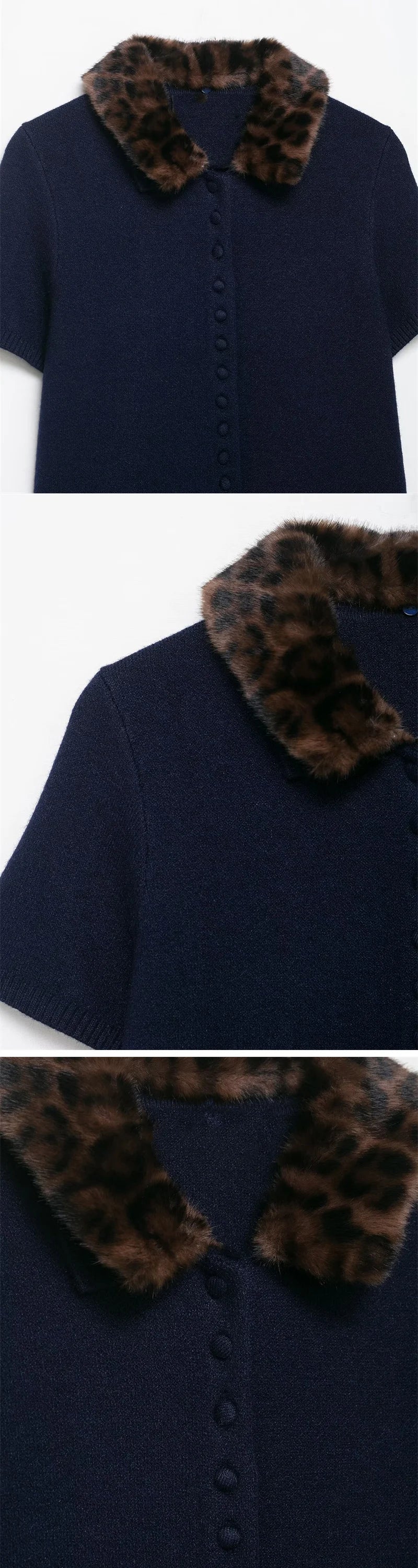 Women's Jacket 2025 New Autumn Fashion Darkblue Detachable Animal Print Neckline Knitted Jacket for Women Casual Chic Ladies Top