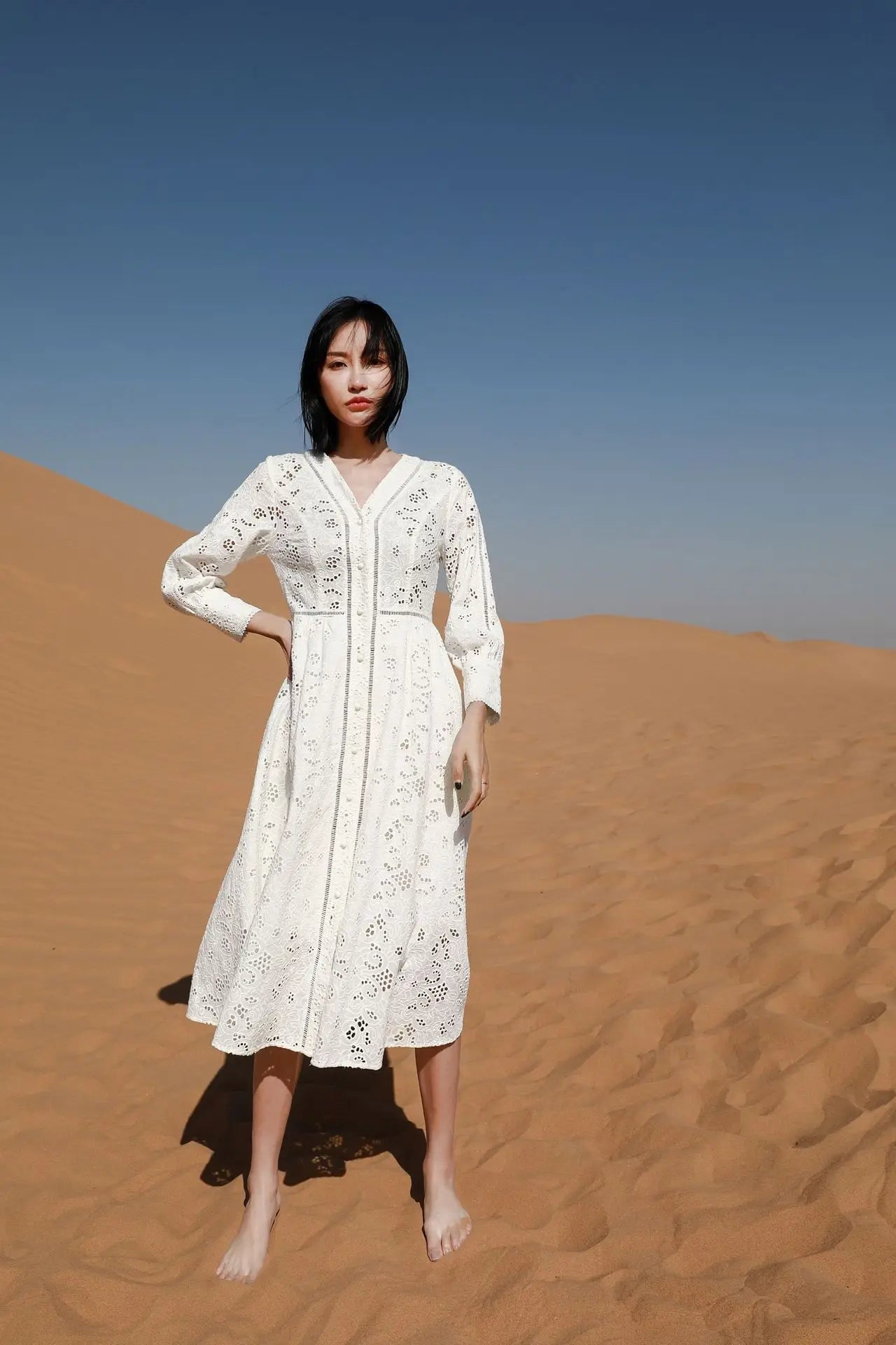 Long Sleeve Lace Dress For Women Robe Vintage V-neck Hollow Out Boho Floral Embroidery Elegant Dresses Ladies Party Vestidos
