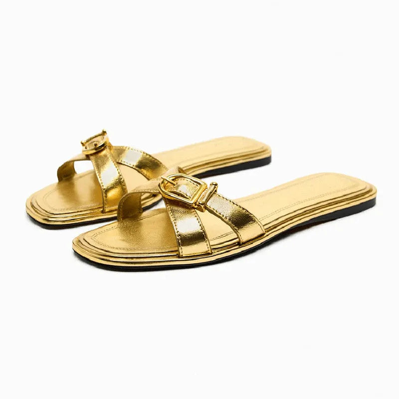 Flat Sandals Woman Black Brown Metal Buckle Flat Sandals 2024 Summer Women Sandals Straps Round toe Flat Slingback Shoes