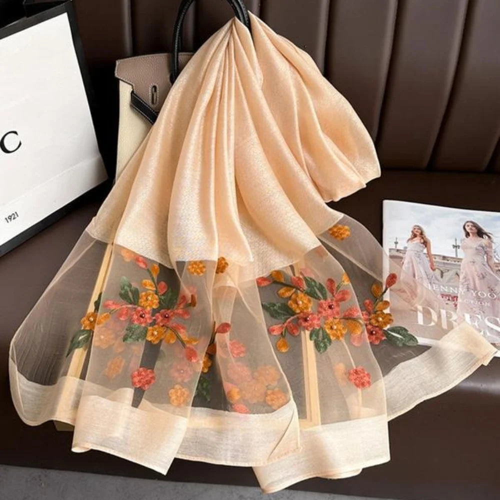 Elegant floral embroidered silk scarf for women, stylish sunscreen beach shawl with beaded trim, bohemian windproof must-have