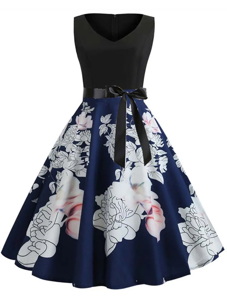 Lynett Lamar Women's Vintage Floral Print Sleeveless A-Line Sundress — Elegant Plus Size Party Dress
