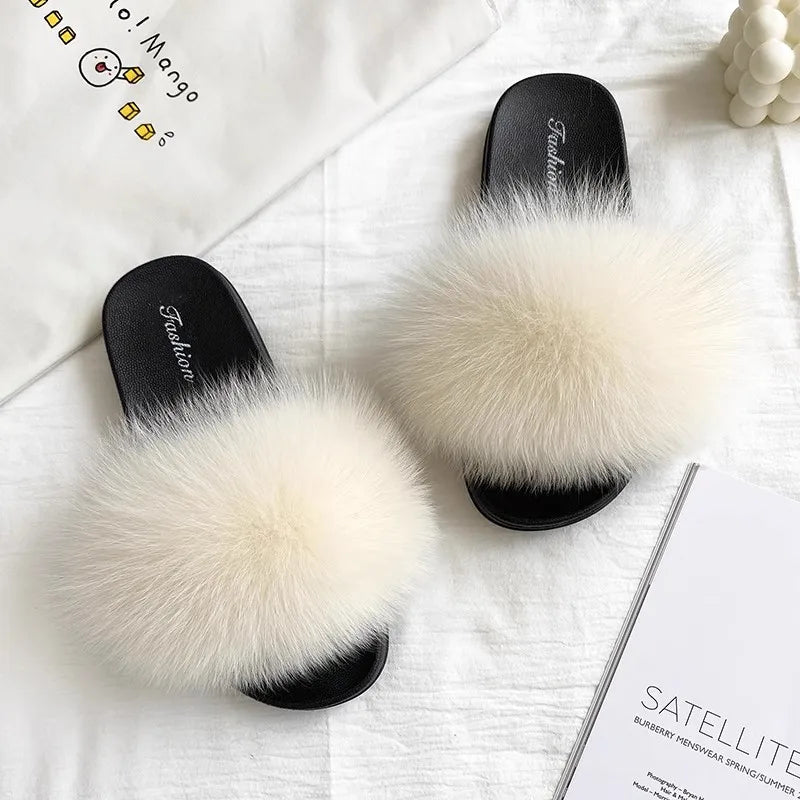 Fashion Lovely Real Fox Fur Slippers Women, Luxury Flat Sandals