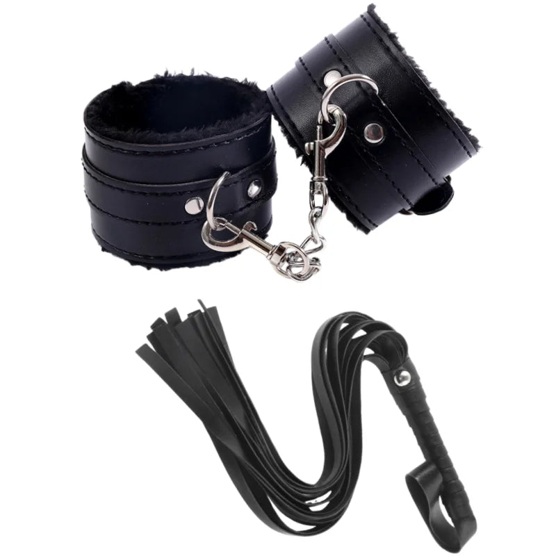 Adults Games sex toys  PU Leather Whip Flogger Plush Sex Handcuffs combination Bondage Slave Exotic Accessories Toys