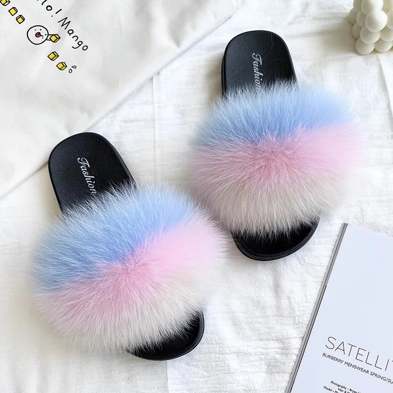 Fashion Lovely Real Fox Fur Slippers Women, Luxury Flat Sandals