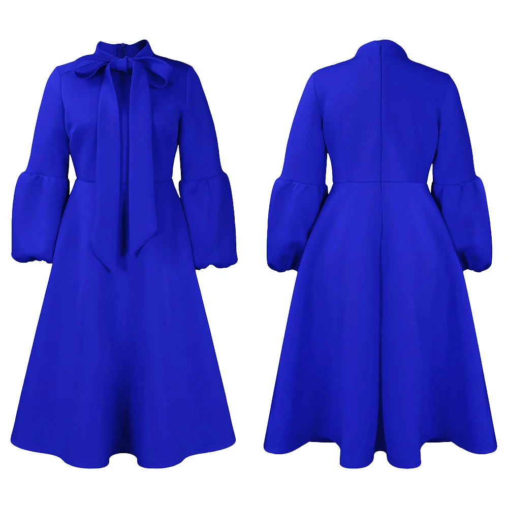 Elegant Dresses for Women Bow Collar Full Sleeve High Waisted A Line Mid Calf Luxury Female Birthday Party Dinner Vestidos Mujer