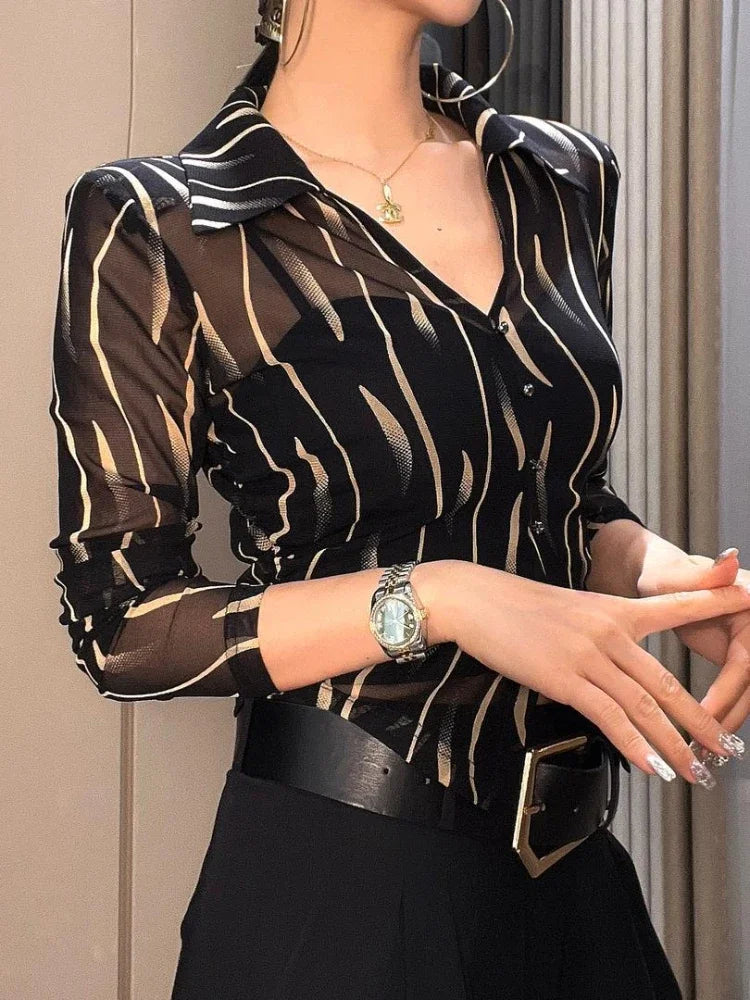 Striped Shirts & Blouses for Women Button Up Sexy Woman Top Beautiful in Promotions Novelty 2025 Elegant and Youthful M Clothes
