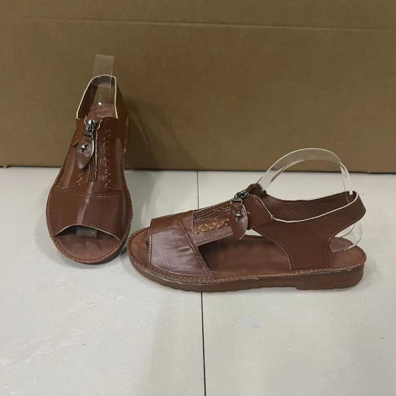 2025 Summer Women Sandals Red Flat Sandals Shoes for Women Leather Peep Top Mom Shoes Zip Slip on Sandalias De Mujeres En Oferta