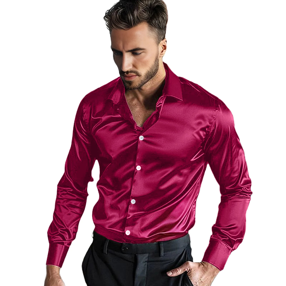 Lynett Lamar Men's Ice Silk Wrinkle-Resistant Non-Iron Long Sleeve Shirt — Slim Fit Glossy Business Casual
