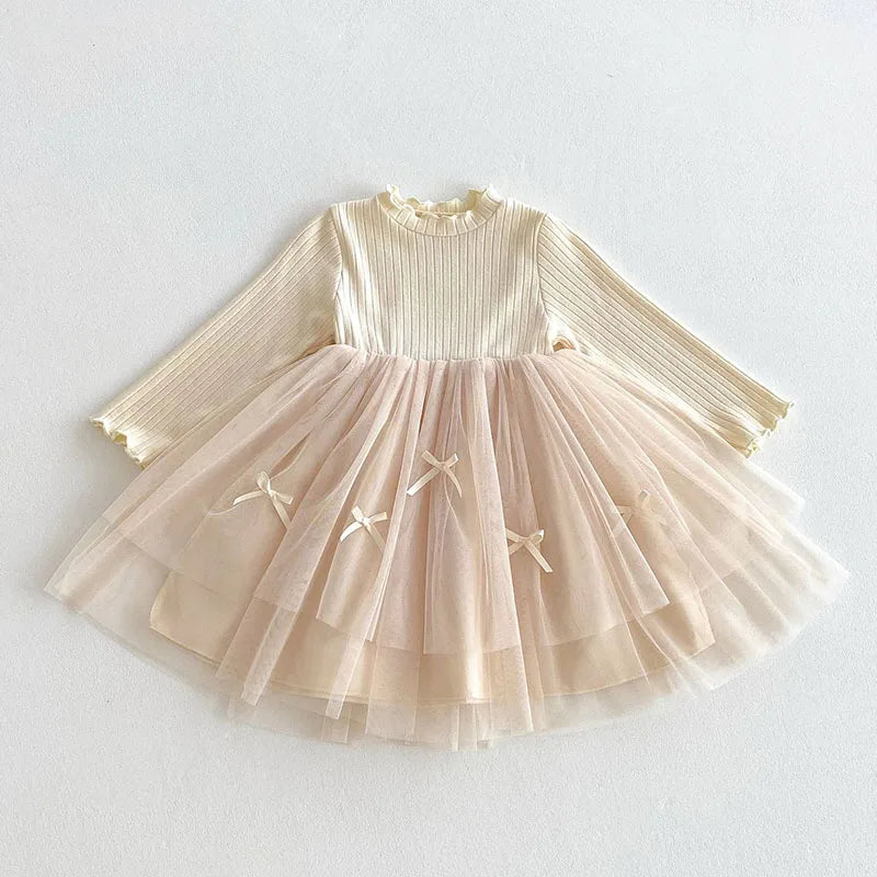 2025 New Spring Sister Dress 2-6Yrs Girl Party Dress Long Sleeved Cotton Mesh Splicing Kids Princess Dresses Children Clothes