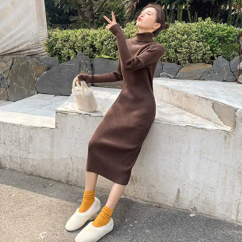 Dresses for Women Sexy Daring Long Clothes Knitted Woman Dress Turtleneck Robe Maxi Brown Bodycon Evening Crochet Harajuku Sale