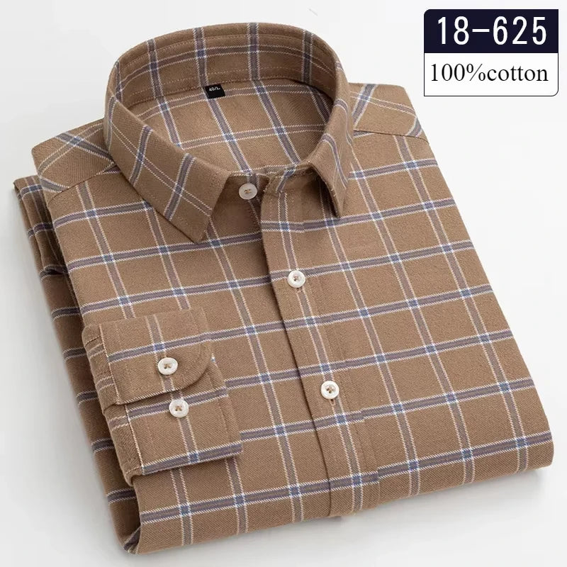 Men's 100% Cotton Brushed Slim Fit Long Sleeve Shirt — Plaid & Striped Casual Autumn