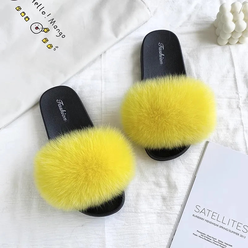 Fashion Lovely Real Fox Fur Slippers Women, Luxury Flat Sandals