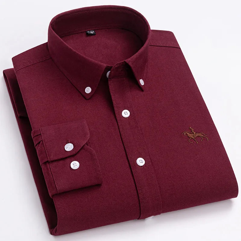 Men's 100% Cotton Oxford Washed Long Sleeve Dress Shirt — Embroidered Business Casual
