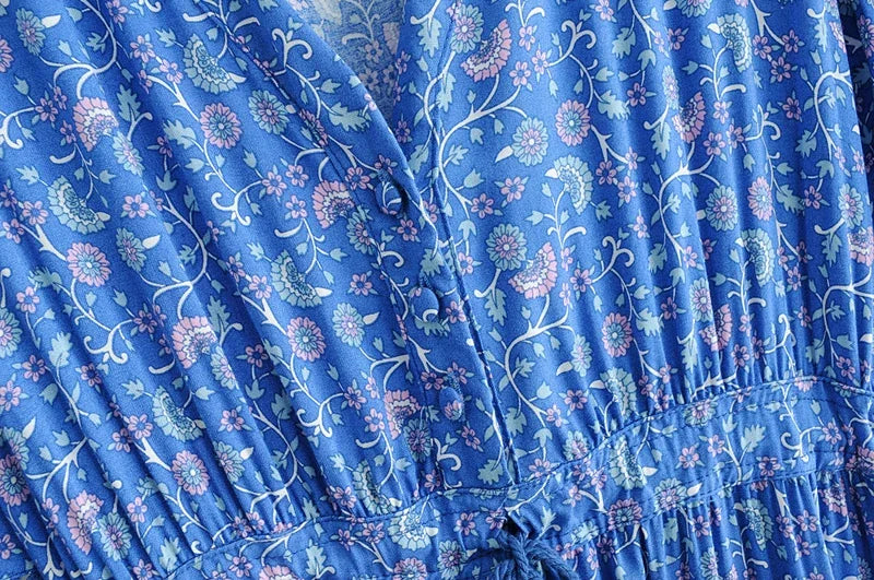 Maxi Dresses for women Cotton Rayon blue Floral print sexy deep v-ncek boho summer dresses loose Hippie long dress Vestidos