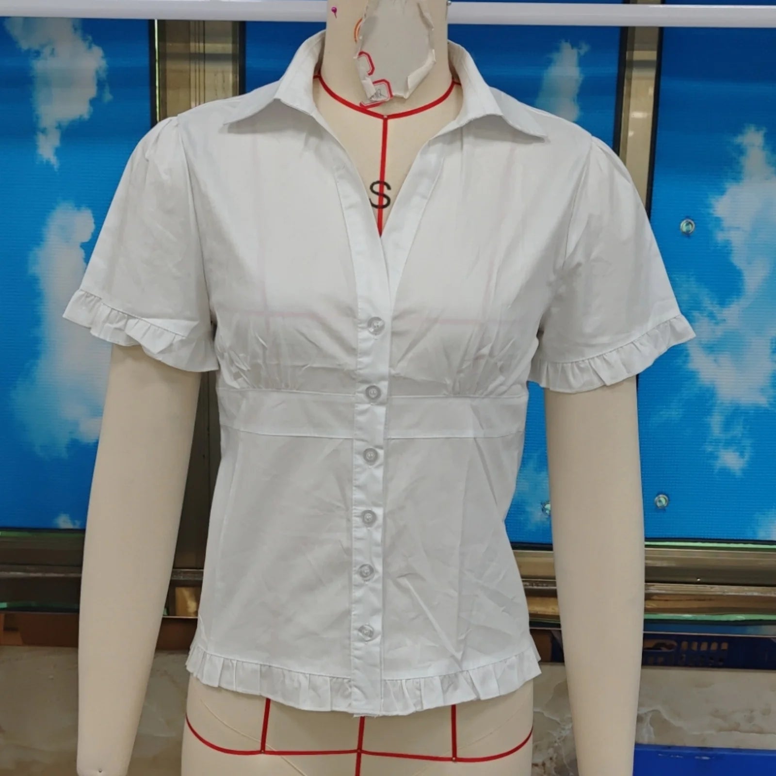 Summer Button Down Shirt for Women Casual Stylish Solid Color Ruffled Trim Slim Fit Short Sleeve Slim Fit Tops